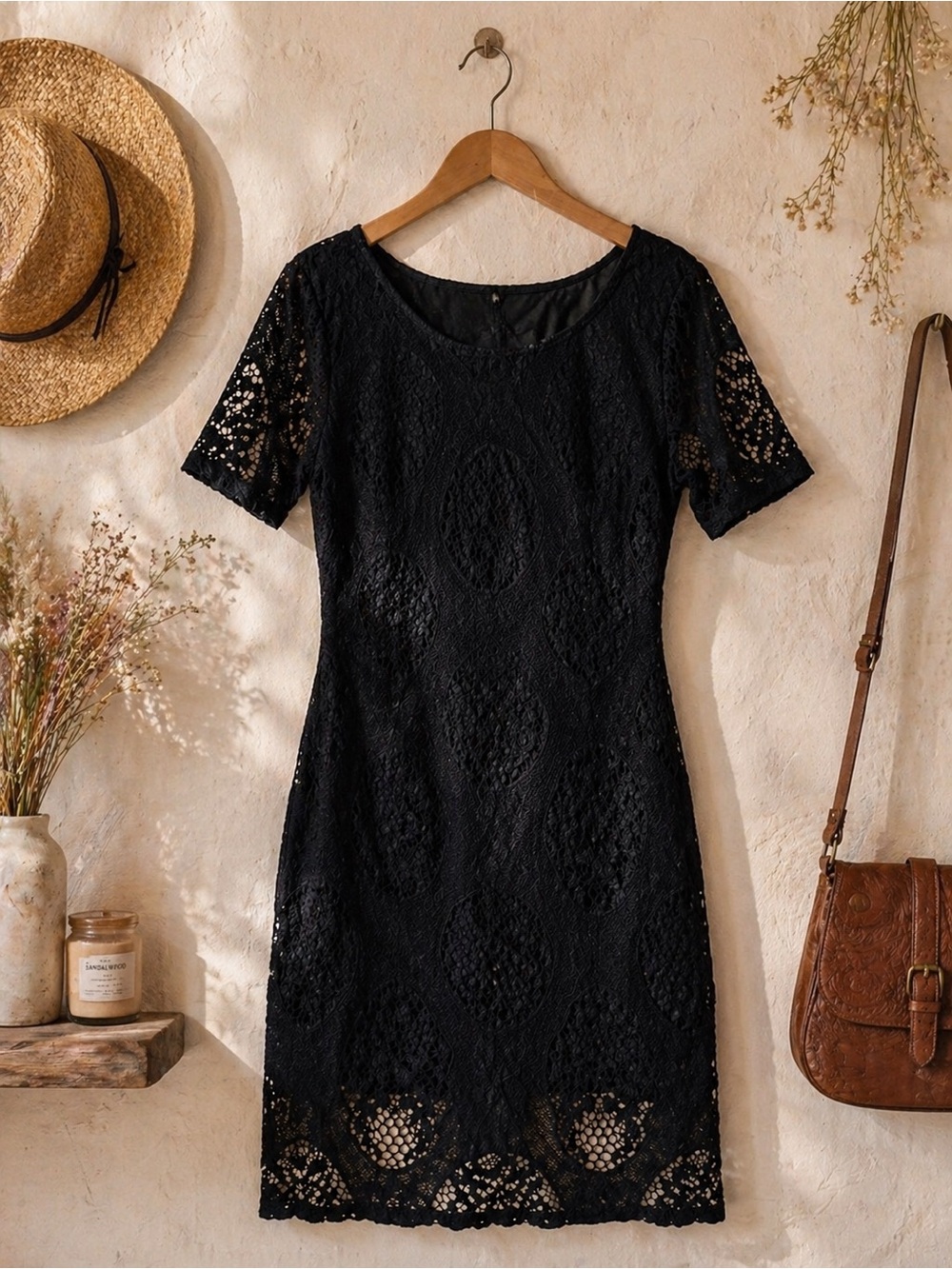 Black Lace Open Back Dress Small Boho Romantic Crochet Mini Midi LBD Cotton - Picture 2 of 7